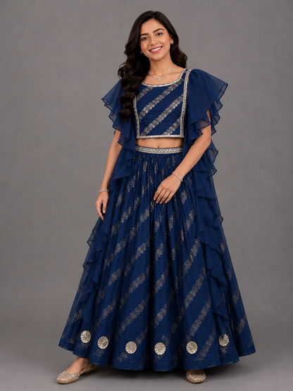 Blue Chanderi frill blouse lehnga set.