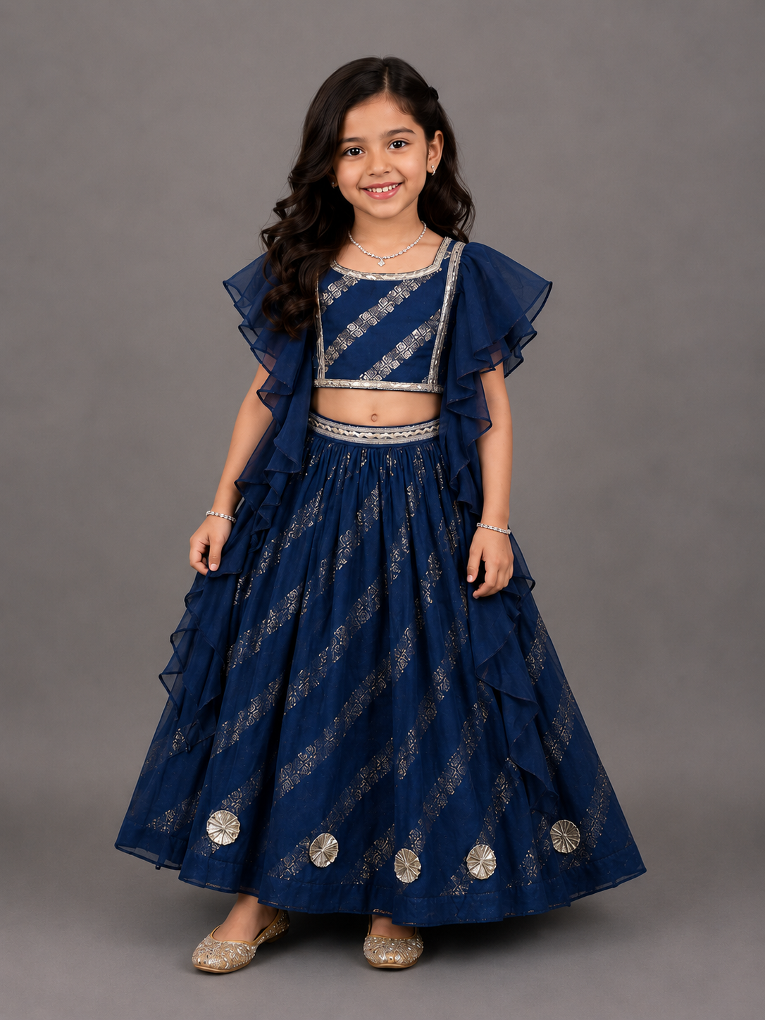 Blue Chanderi frill blouse lehnga set.
