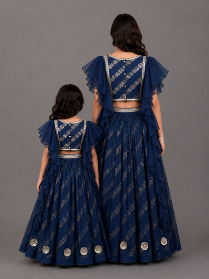 Blue Chanderi frill blouse lehnga set.