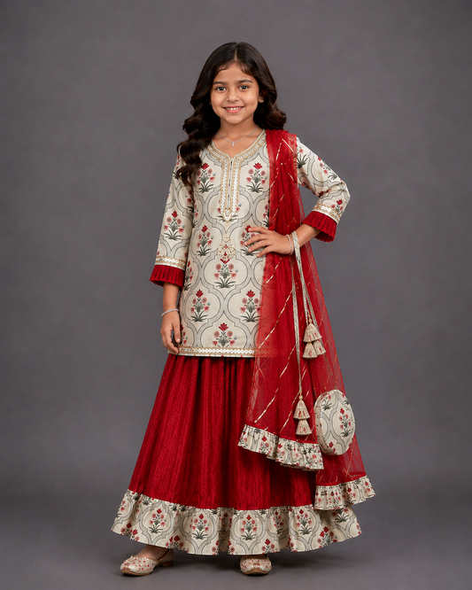 Mughal Printed kurta with Ruffle lehnga