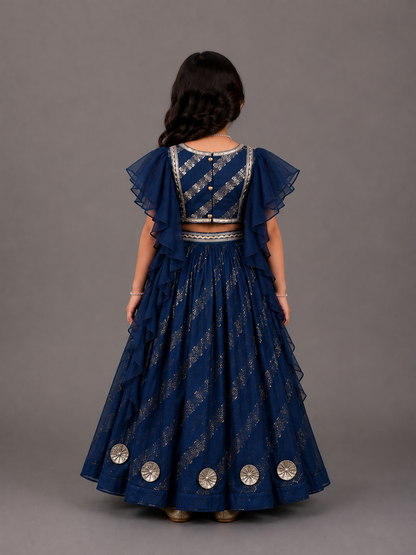 Blue Chanderi frill blouse lehnga set.