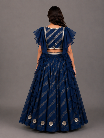 Blue Chanderi frill blouse lehnga set.