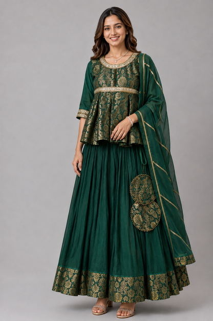 Green Brocade Lehenga Set with  dupatta set