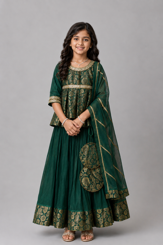 Green Brocade Lehenga Set with  dupatta set
