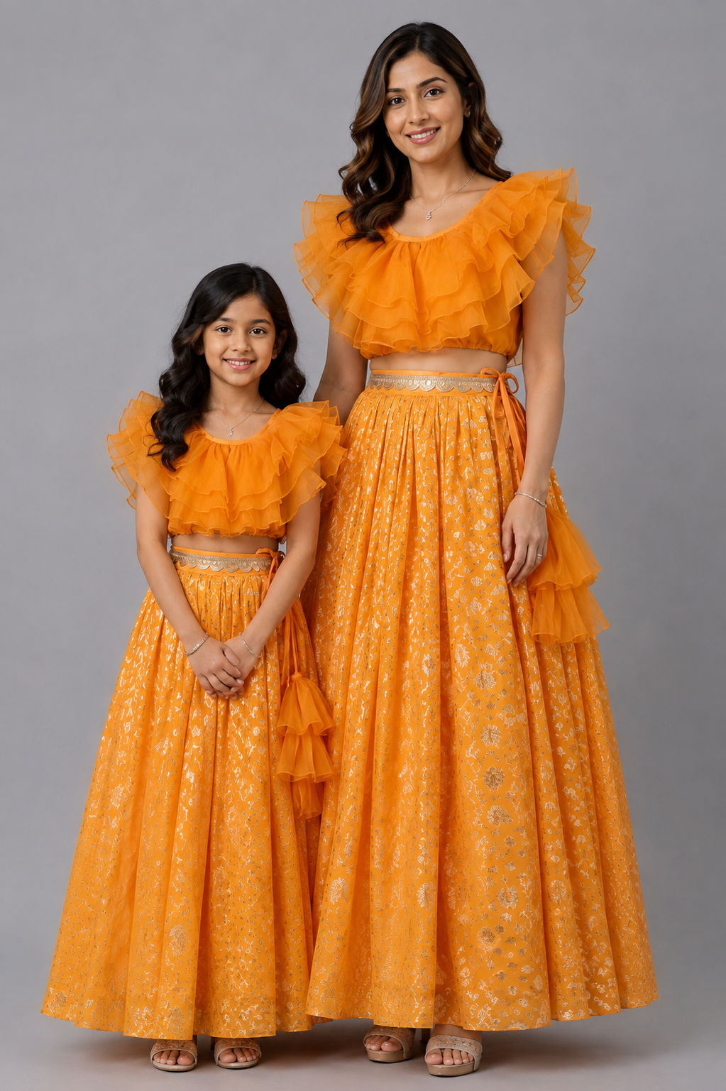 Orange organza frill chanderi lehnga set