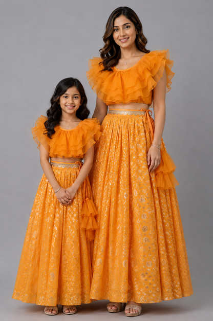 Orange organza frill chanderi lehnga set