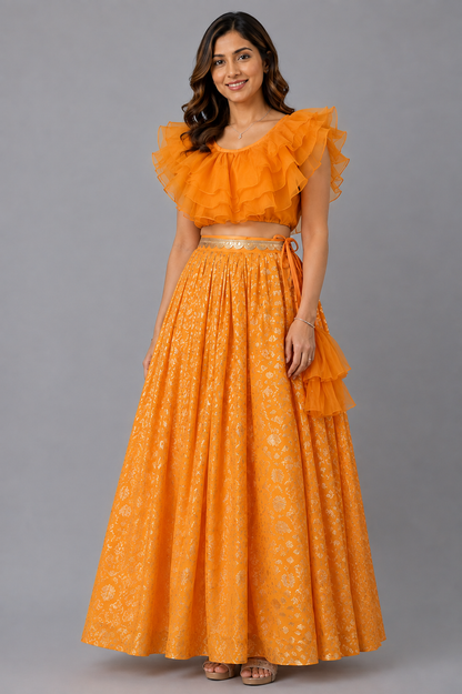 Orange organza frill chanderi lehnga set