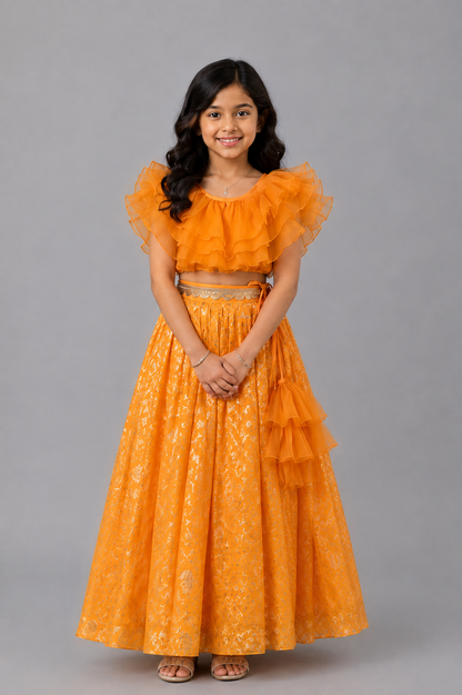 Orange organza frill chanderi lehnga set