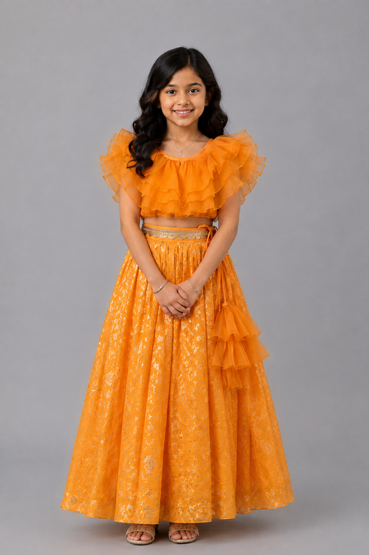 Orange organza frill chanderi lehnga set