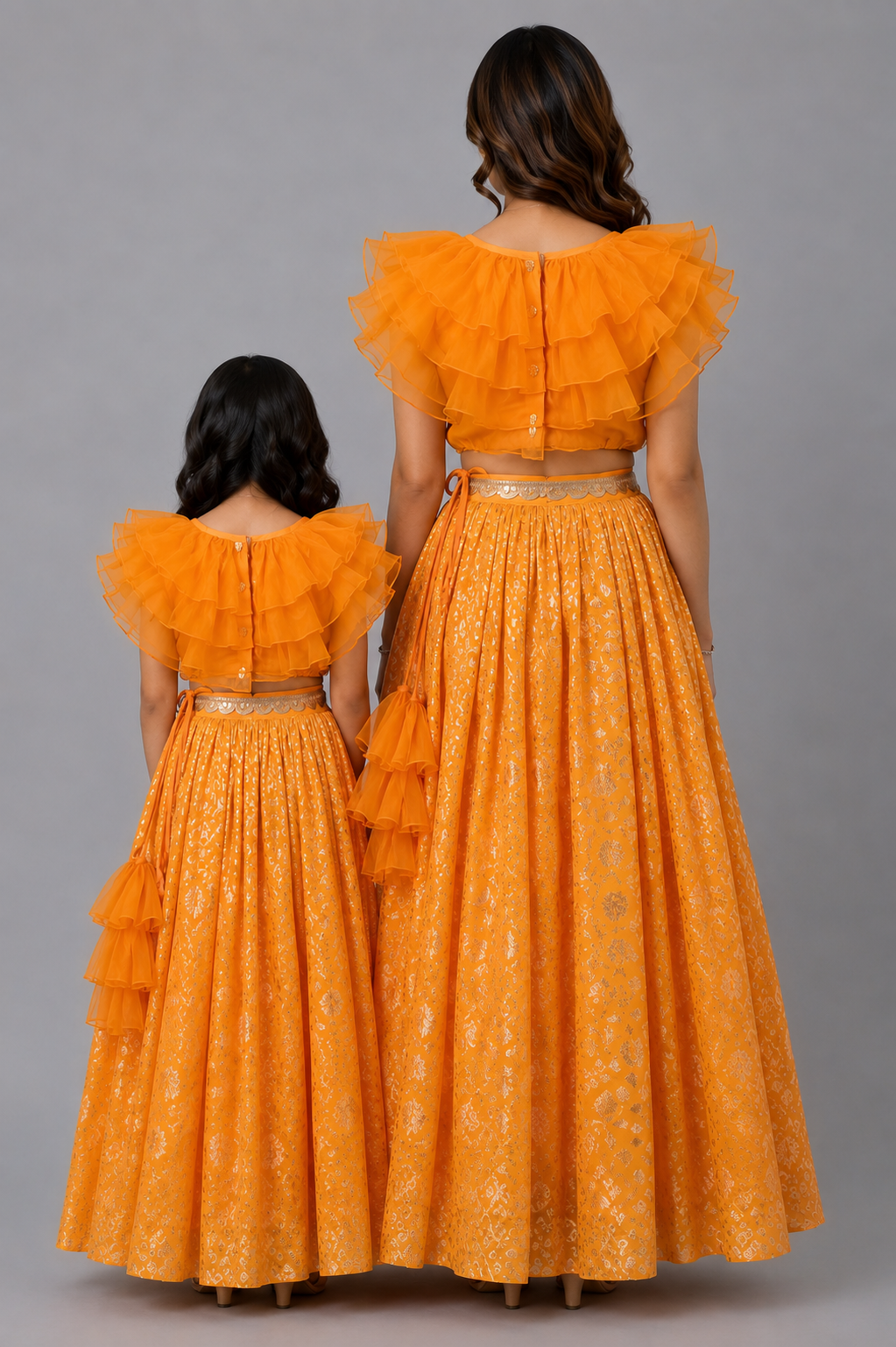 Orange organza frill chanderi lehnga set