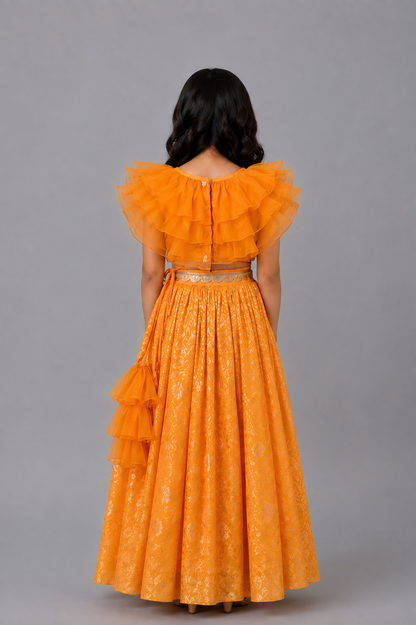Orange organza frill chanderi lehnga set