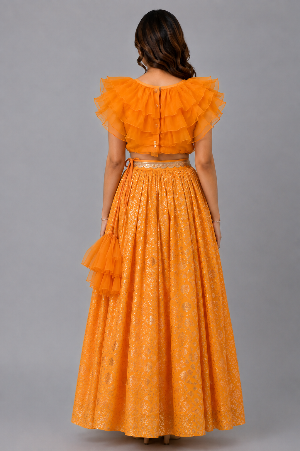 Orange organza frill chanderi lehnga set