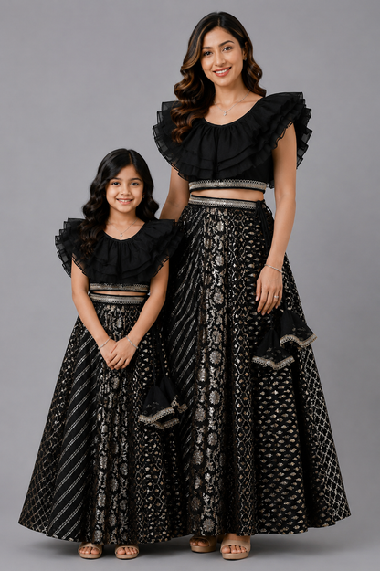 Black organza frill chanderi lehnga set