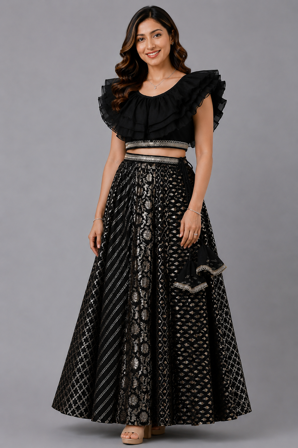 Black organza frill chanderi lehnga set