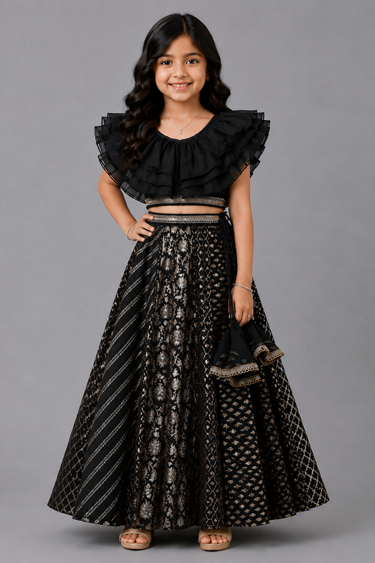 Black organza frill chanderi lehnga set