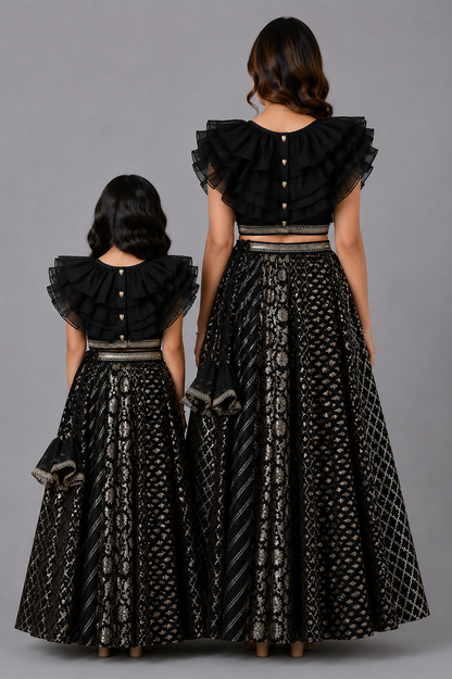 Black organza frill chanderi lehnga set