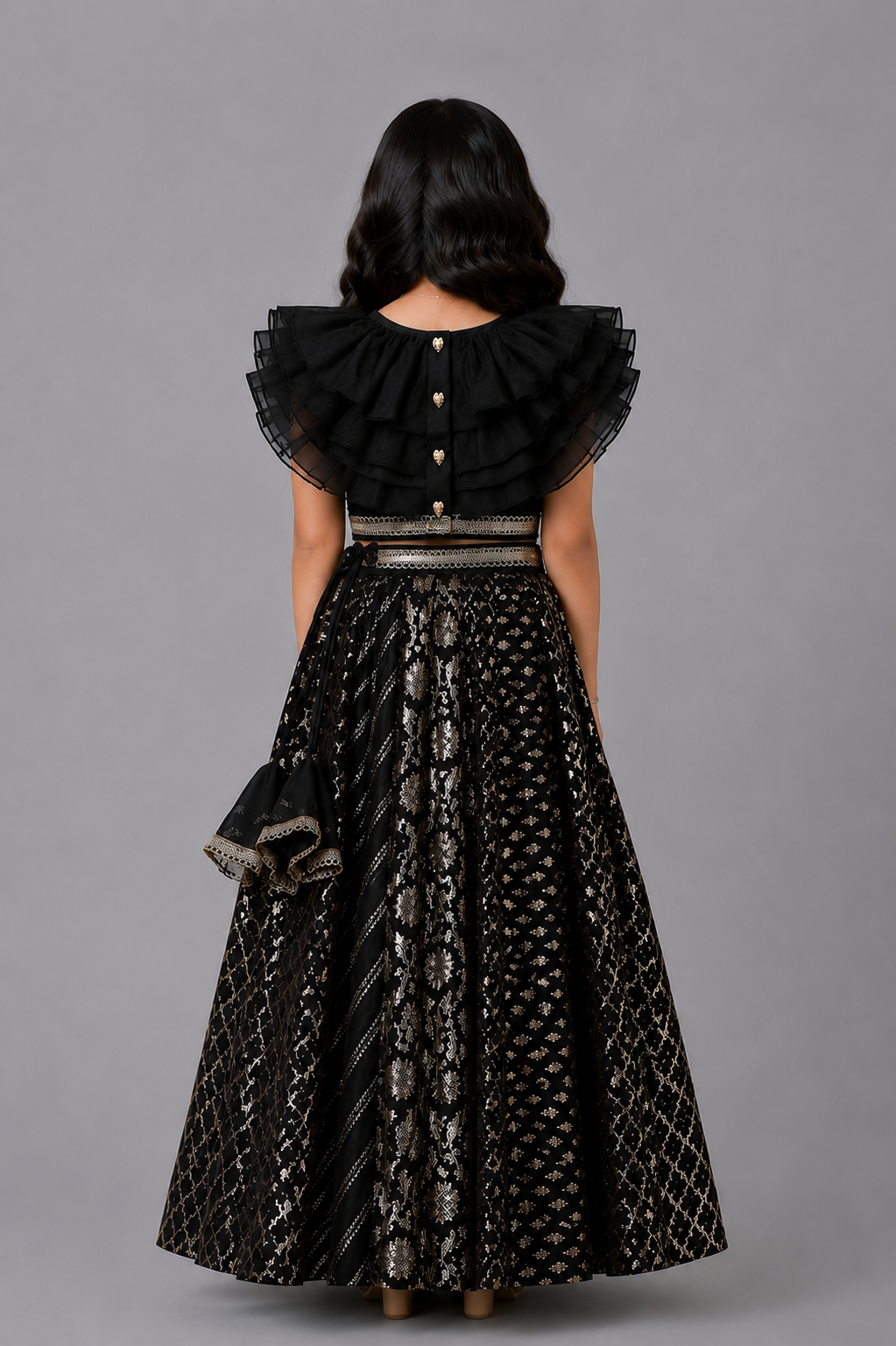 Black organza frill chanderi lehnga set