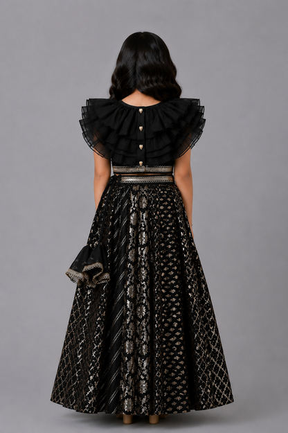Black organza frill chanderi lehnga set