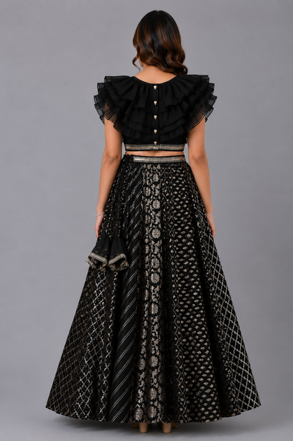 Black organza frill chanderi lehnga set