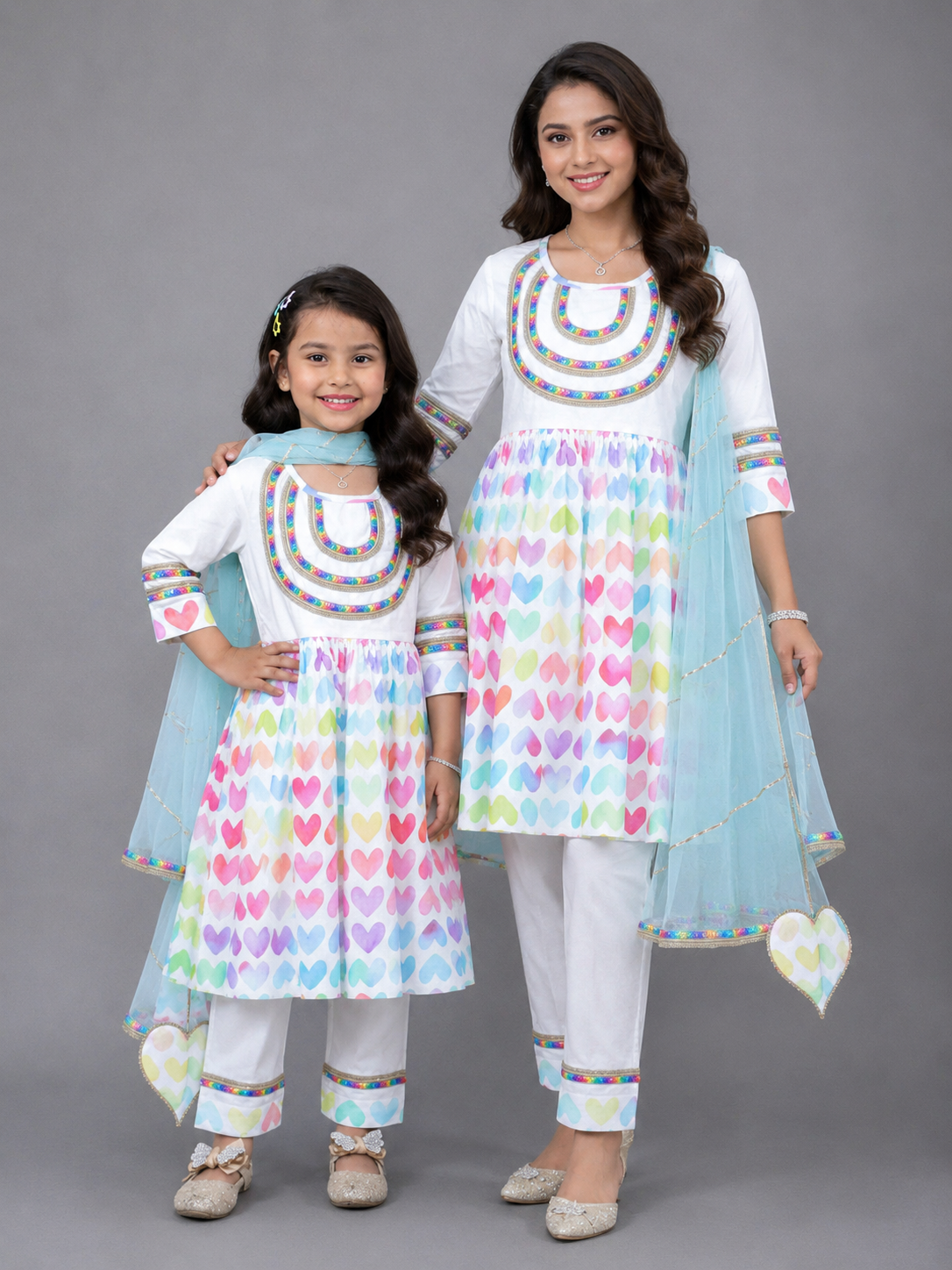 White Multicolor Heart Prints Kurta set