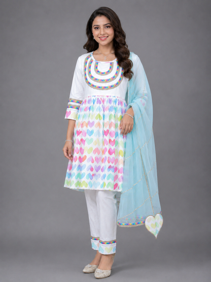 White Multicolor Heart Prints Kurta set