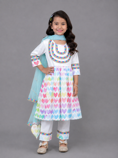 White Multicolor Heart Prints Kurta set