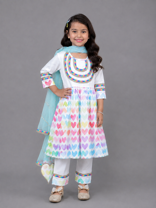 White Multicolor Heart Prints Kurta set