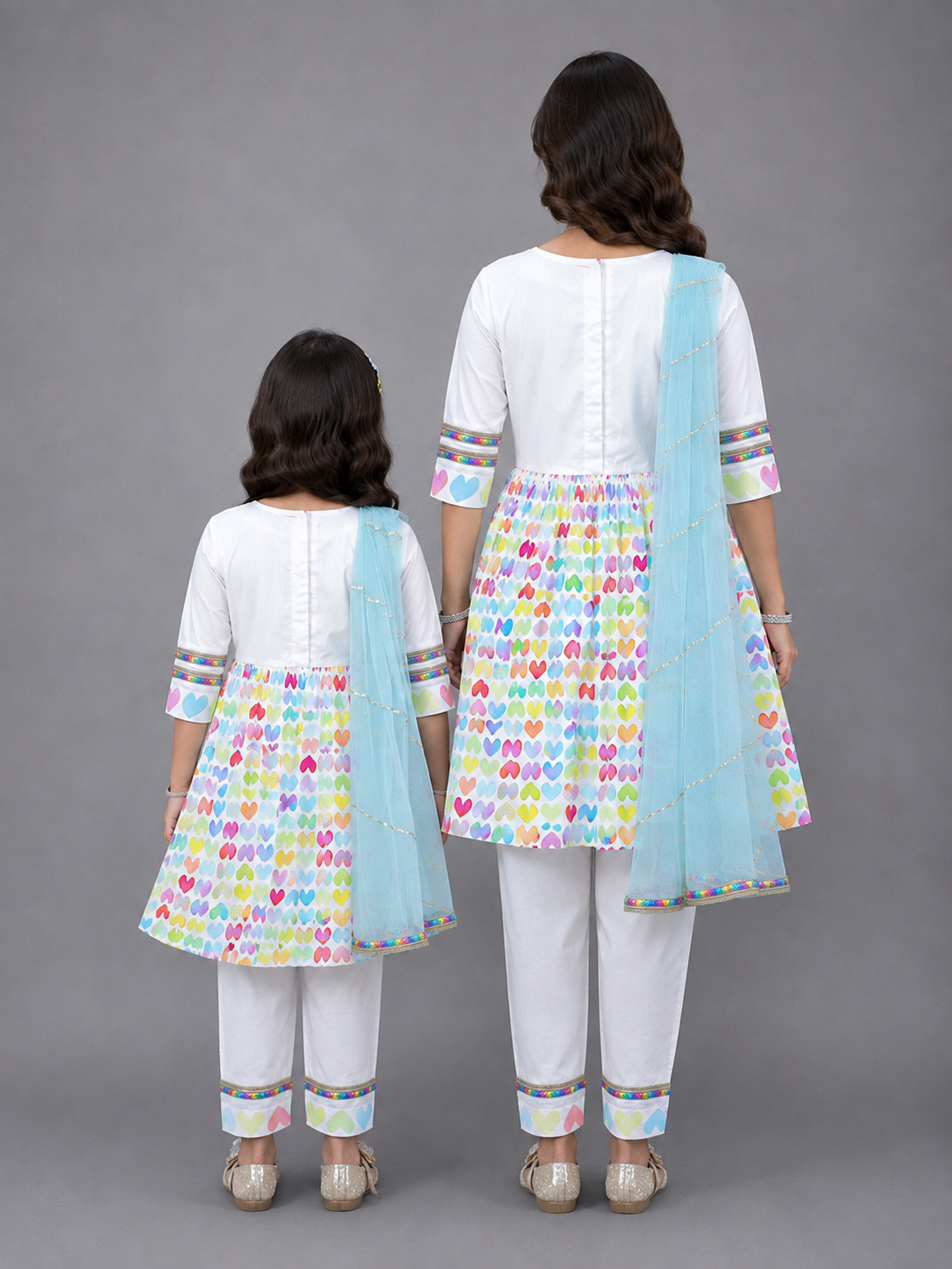 White Multicolor Heart Prints Kurta set
