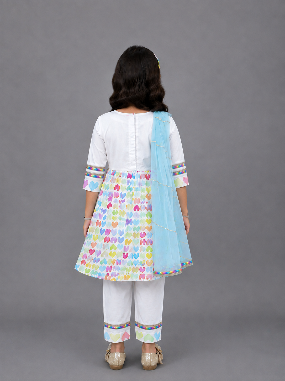 White Multicolor Heart Prints Kurta set