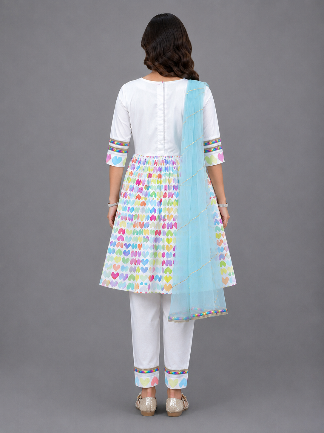 White Multicolor Heart Prints Kurta set