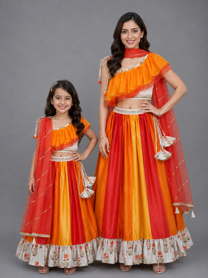 Orange Yellow frill organza lehnga set