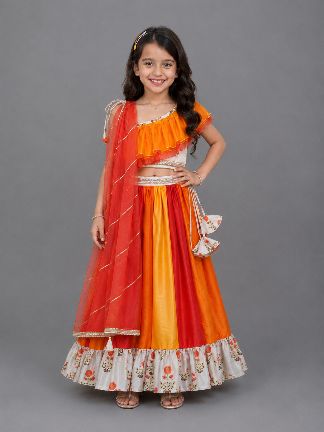 Orange Yellow frill organza lehnga set