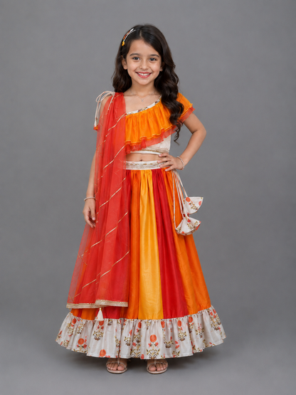 Orange Yellow frill organza lehnga set