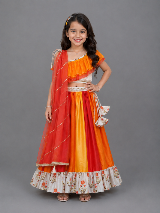 Orange Yellow frill organza lehnga set