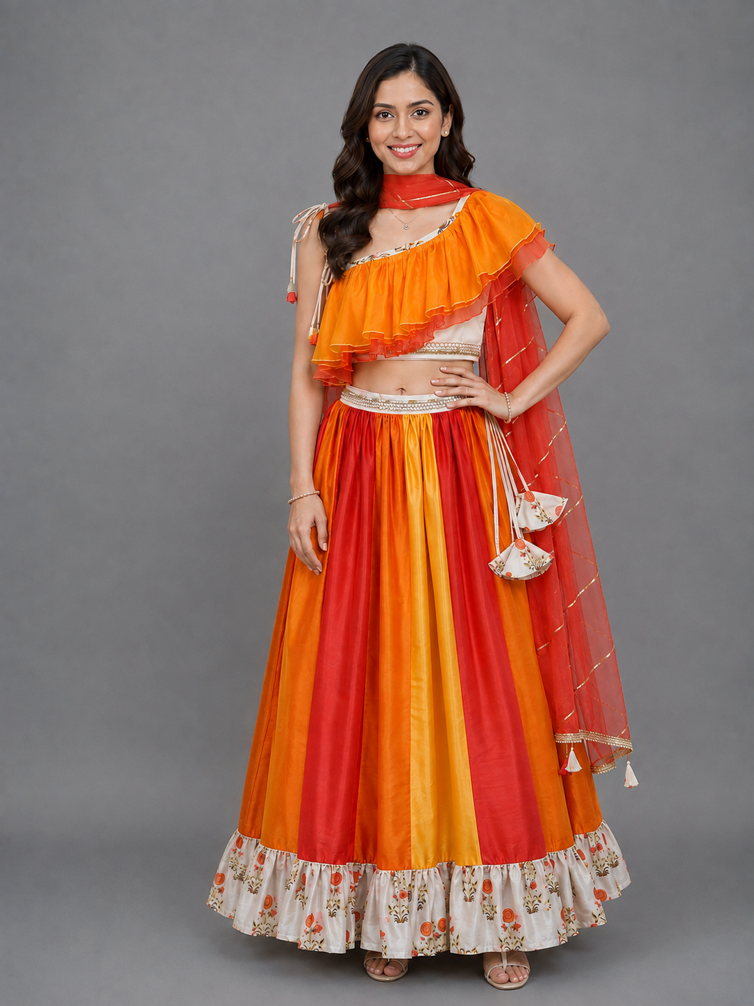 Orange Yellow frill organza lehnga set