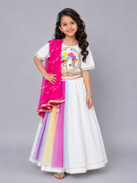 Kids Playing holi print White Holi Lehnga set