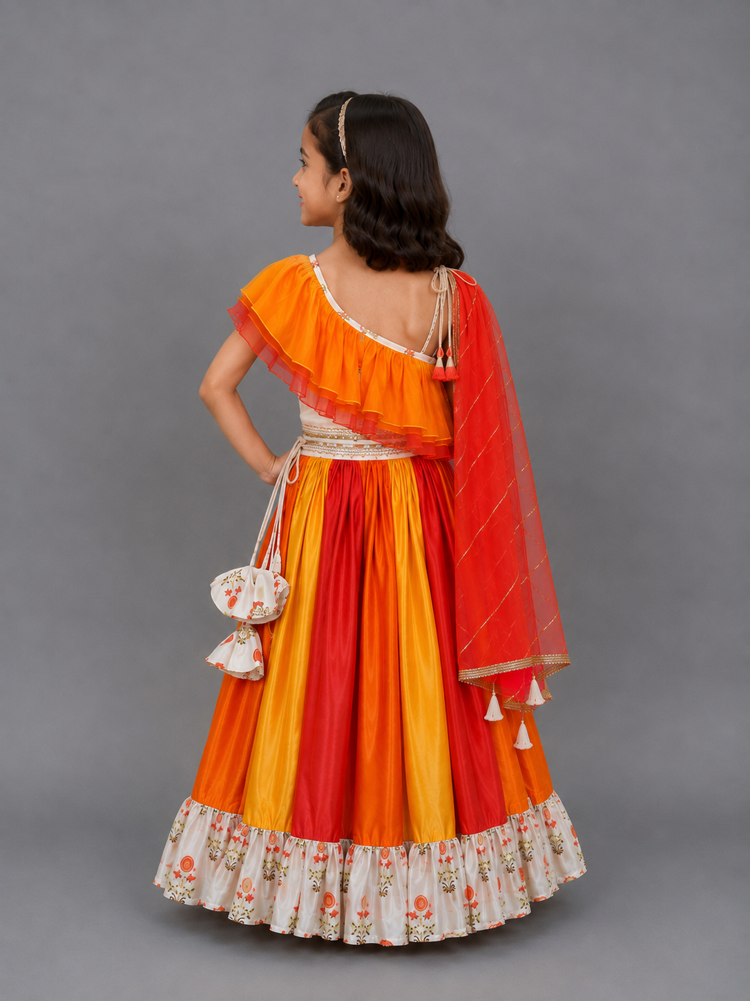 Orange Yellow frill organza lehnga set