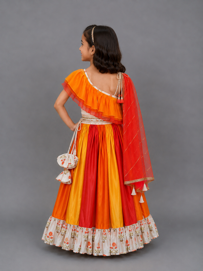 Orange Yellow frill organza lehnga set