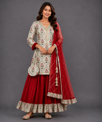 Mughal Printed kurta with Ruffle lehnga