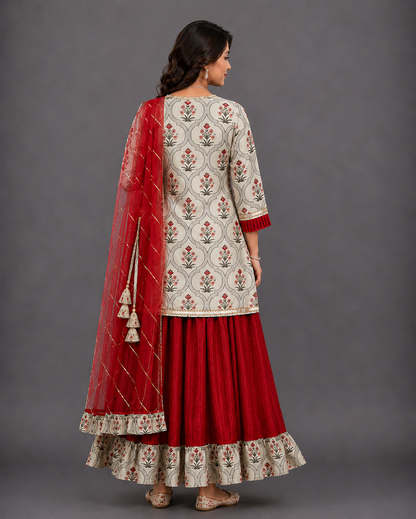 Mughal Printed kurta with Ruffle lehnga