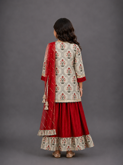Mughal Printed kurta with Ruffle lehnga