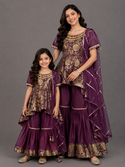Purple Brocade sharara set with attached duppata