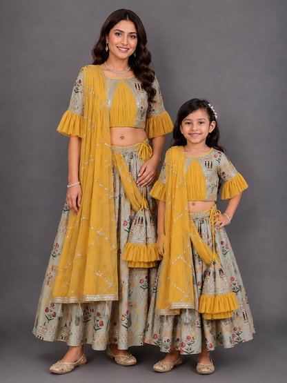 Mughal printed blouse lehnga set with attached dupatta