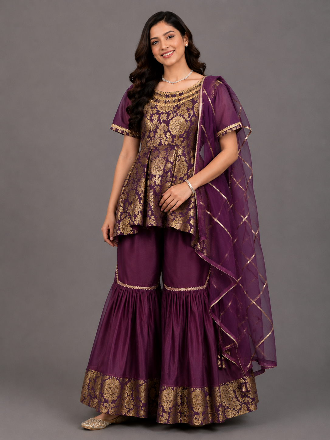 Purple Brocade sharara set with attached duppata