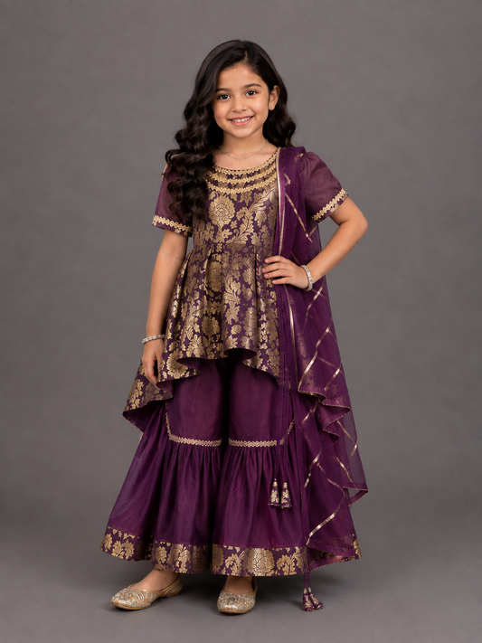 Purple Brocade sharara set with attached duppata
