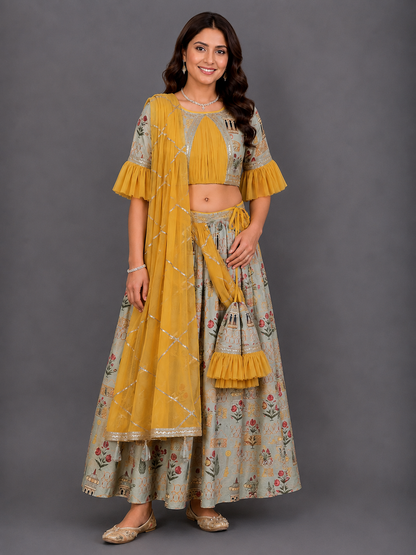 Mughal printed blouse lehnga set with attached dupatta
