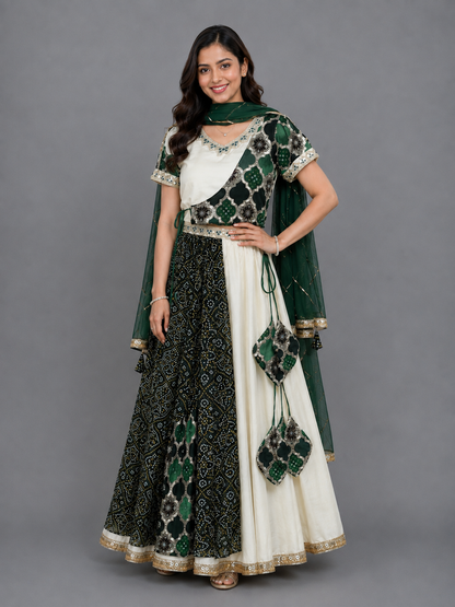 Green Bandhini Peplum Blouse Lehnga Set