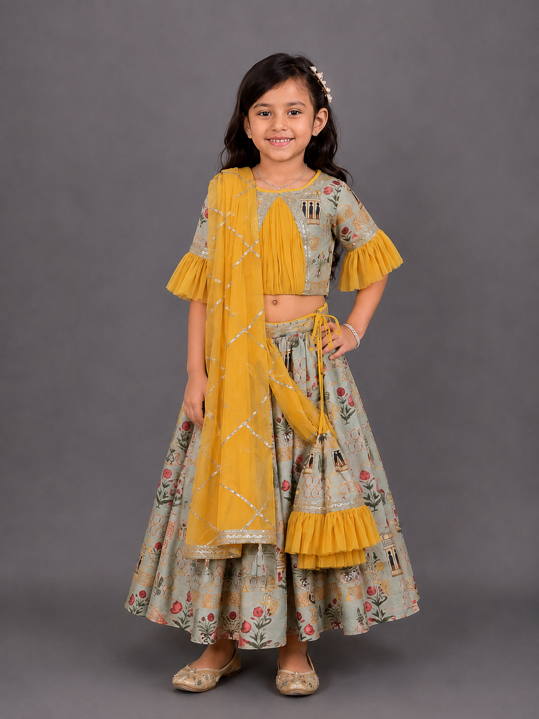 Mughal printed blouse lehnga set with attached dupatta