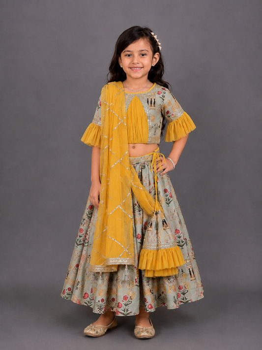 Mughal printed blouse lehnga set with attached dupatta