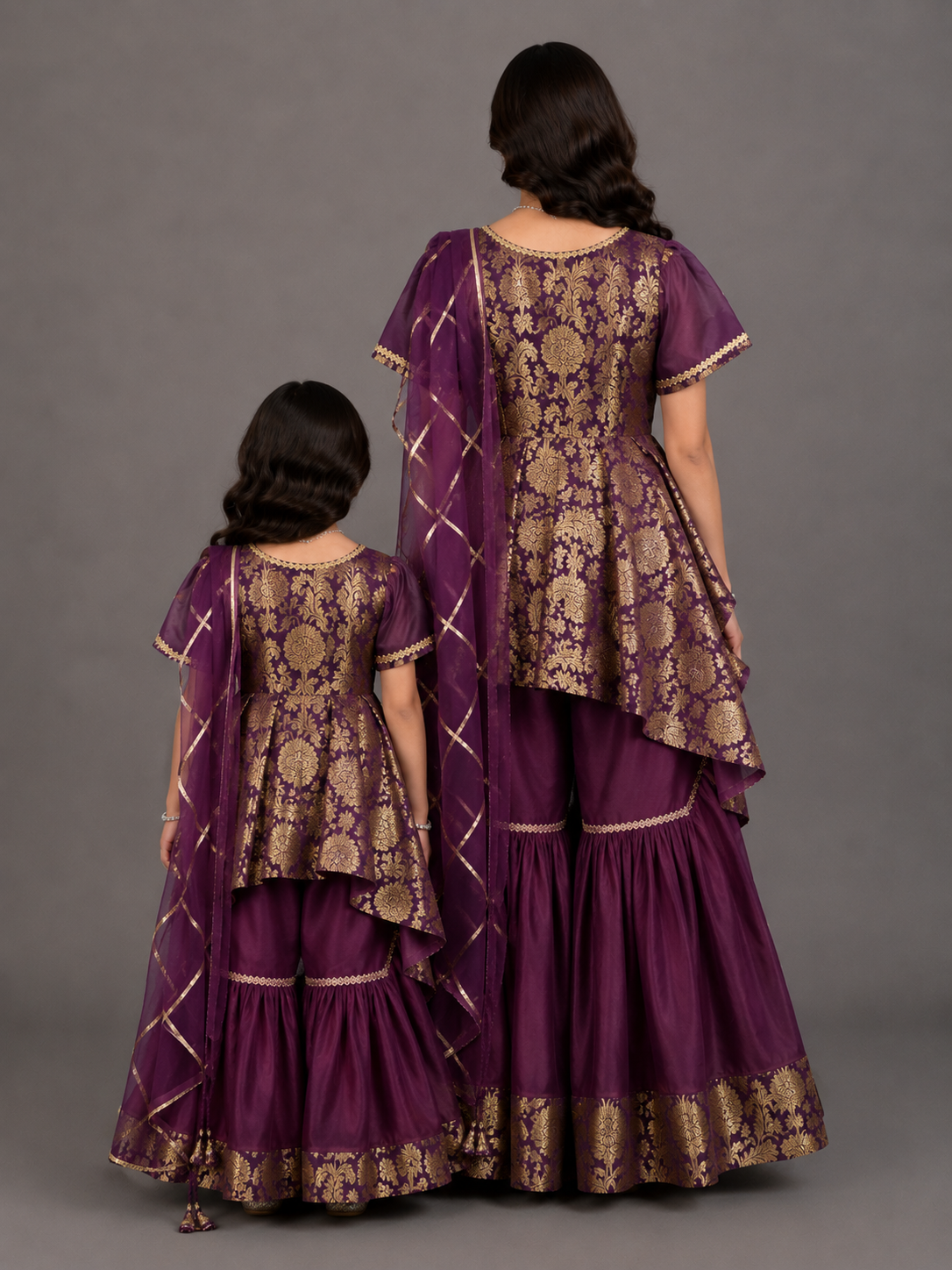 Purple Brocade sharara set with attached duppata
